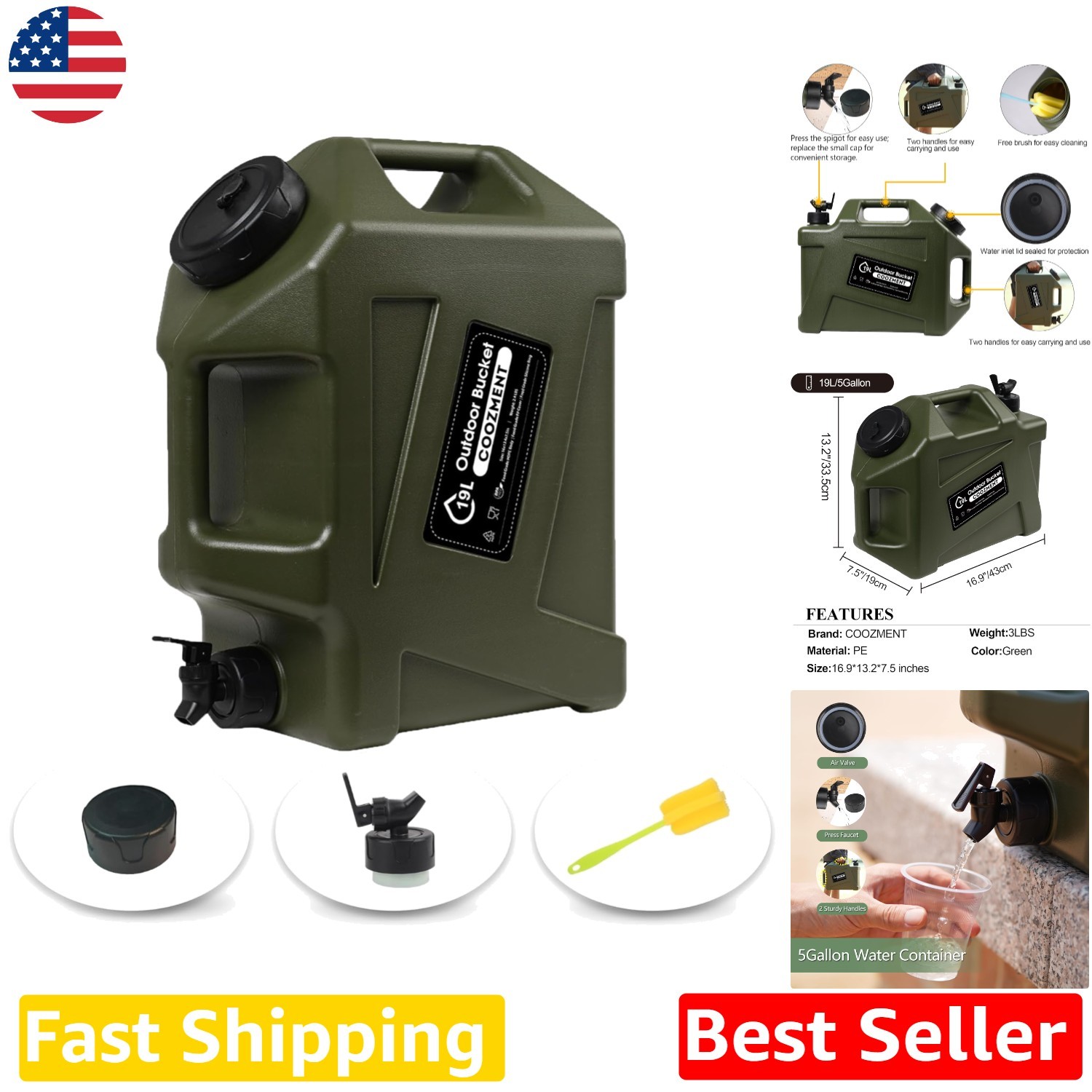 Durable 5 Gallon Water Jug, Green, BPA-Free, w/ Spigot for Camping & Emergencies