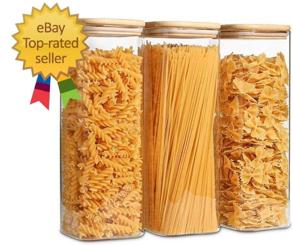 Glass Spaghetti Pasta Storage Containers with Lids 2.2 Qt Set of 3, Tall