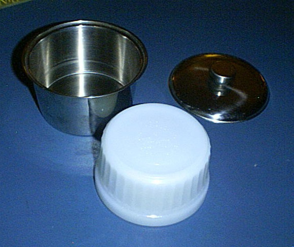 FIRE KING Milk Glass Ramekin Dip Bowl #1434 inside Stainless Steel Bowl with Lid
