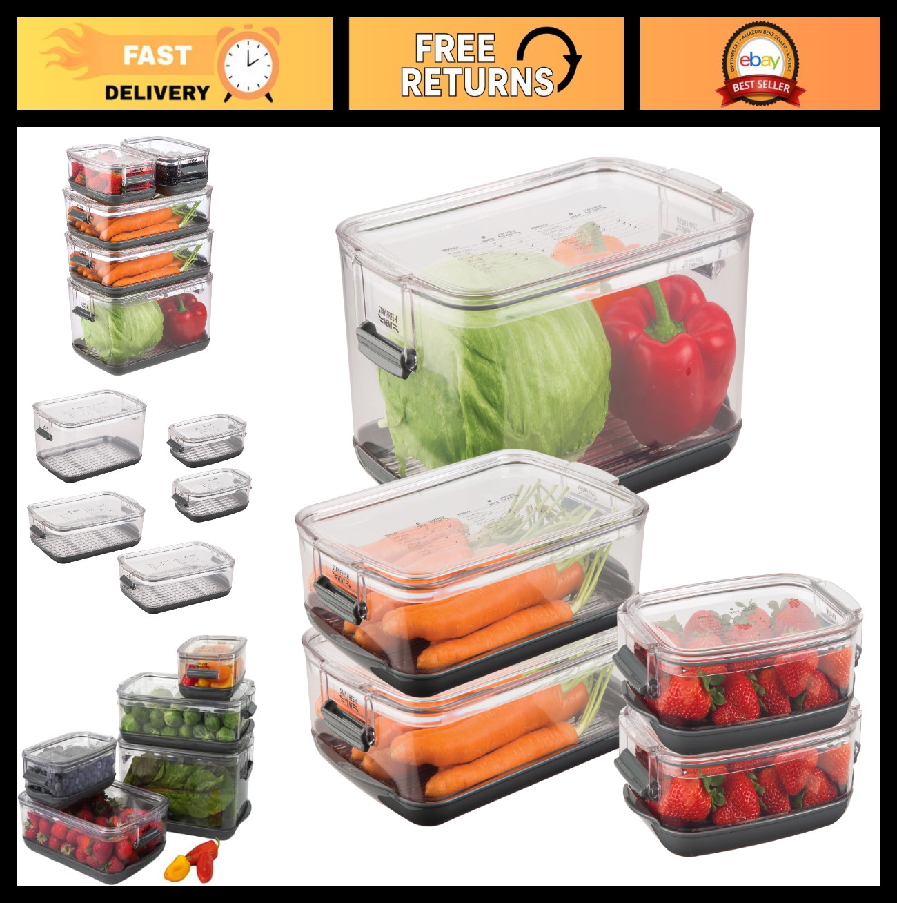 5-Piece Food Storage Container Set for Fresh Produce, Clear with Sealed Lids