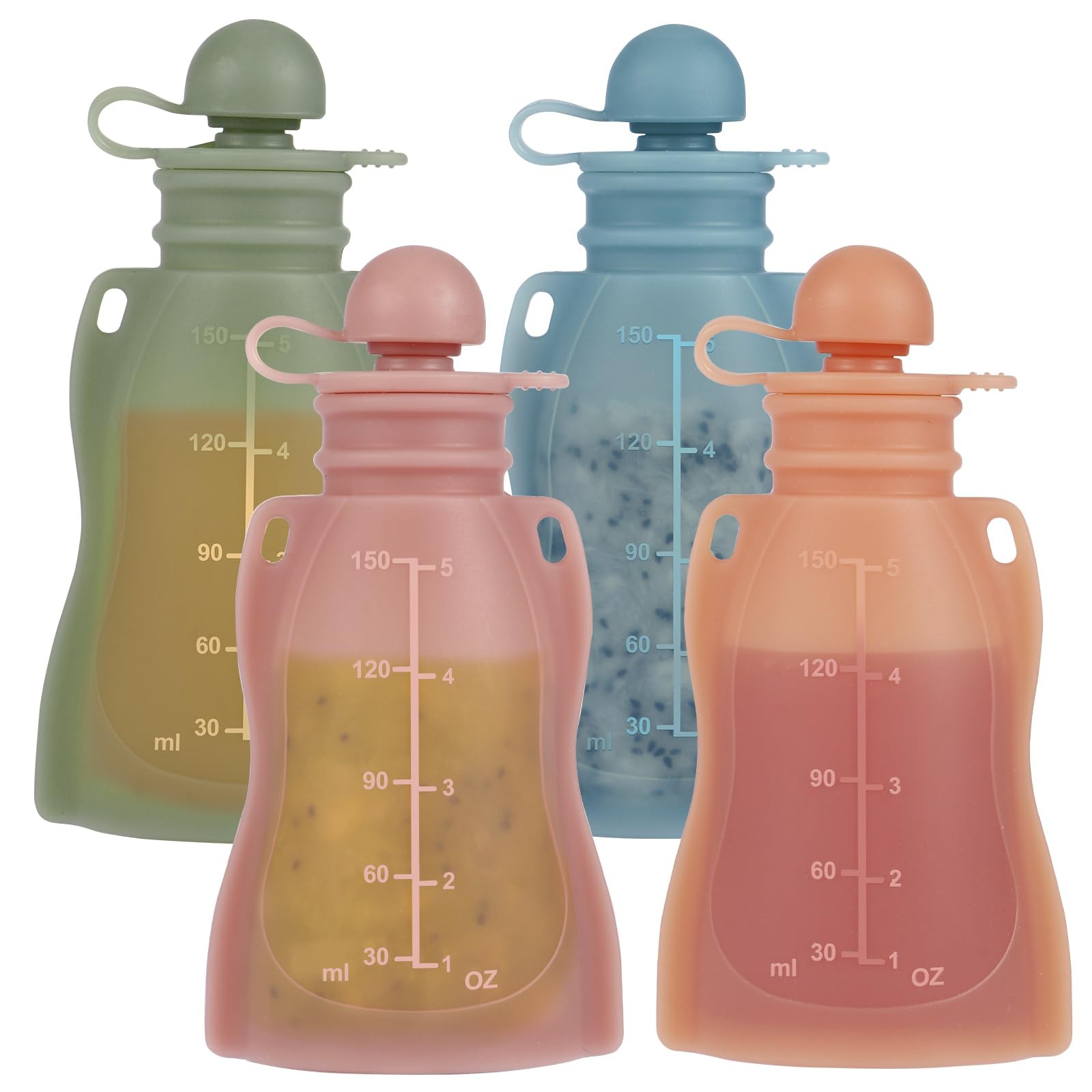 Reusable Baby Food Pouches with Straws, 4 Pack Refillable Silicone Squeezable…