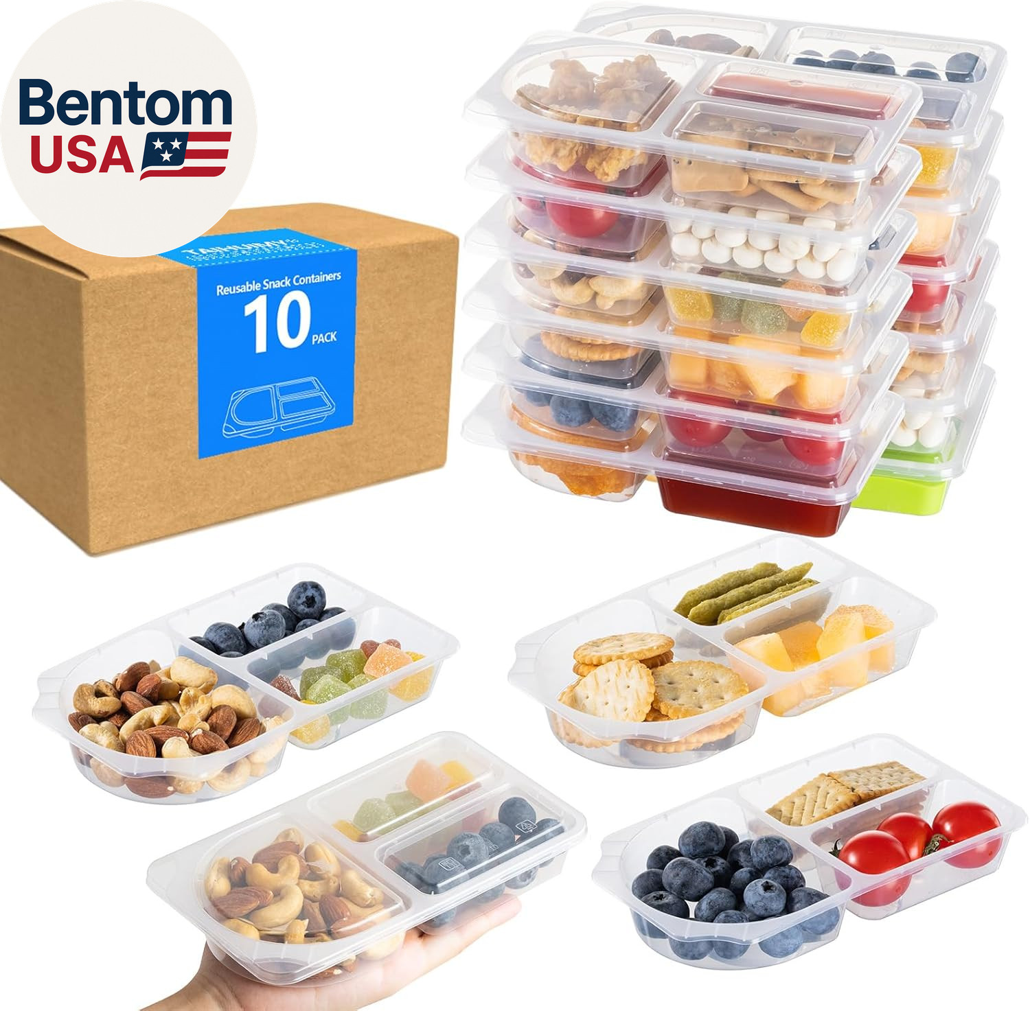 9Oz Reusable Snack Containers with Lids for Kid, New 3 Compartment Large Capacit
