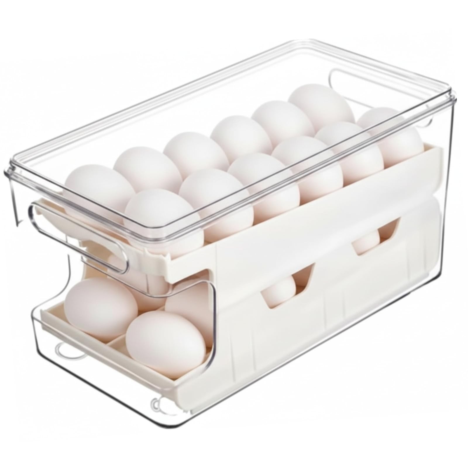 Rolling Egg Holder for Refrigerator 24 Count 2 Tier Automatic Dispenser Lid