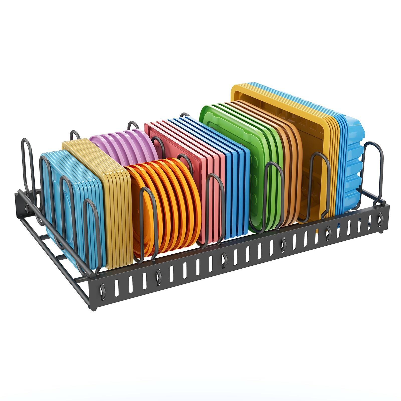 Black Metal Food Container Lid Organizer with 6 Adjustable Dividers for Cabinet