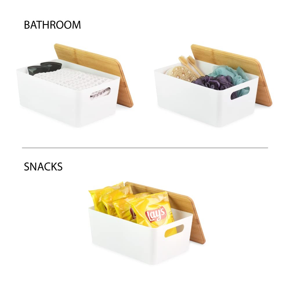 2-Pack Medium White Storage Bin Set w/Cut-Out Handles and Bamboo Lid, Plastic…