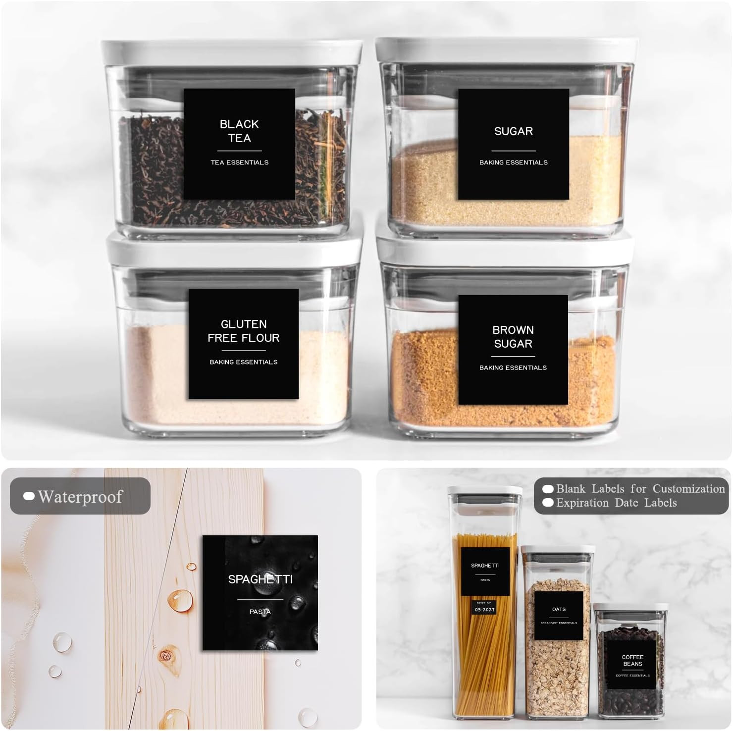 288 Pantry Labels for Food Containers, Black Preprinted Minimalist Waterproof St