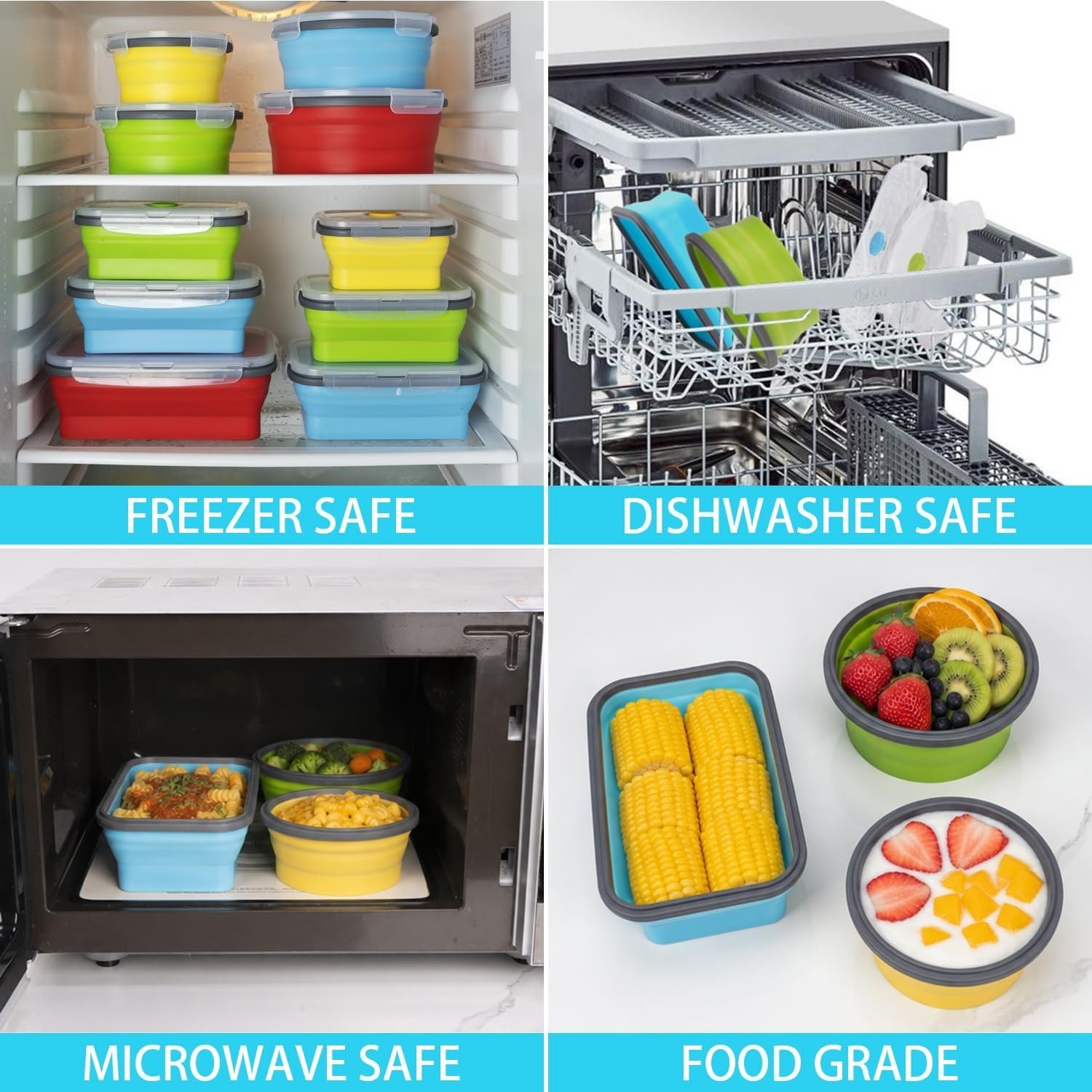16-Pack Collapsible Silicone Food Storage Containers – Microwave & Freezer Safe