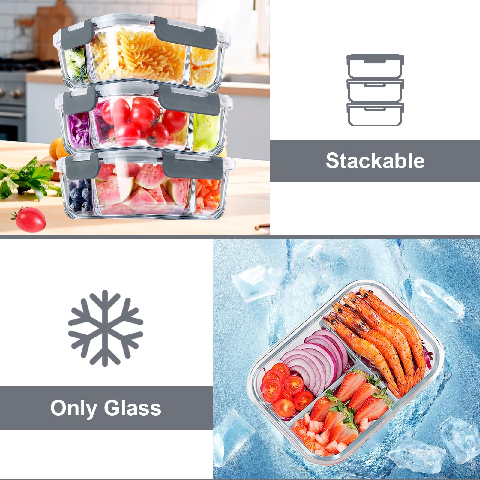 5 Pack Glass Meal Prep Containers 3 Compartment Set, 36OZ Airtight Glass Lunc…