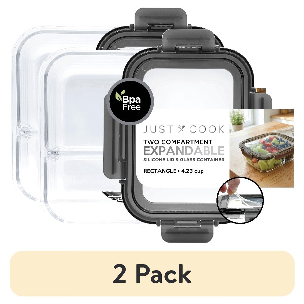 Glass Food Storage Container with Expandable Silicone Lid, 2-Compartment