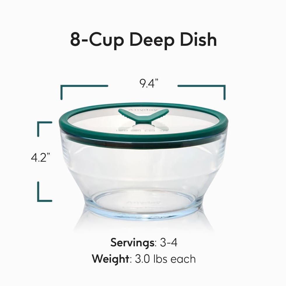 8-Cup Glass Food Storage with Glass Lid, Round Deep Dish | Plastic-Free Meal