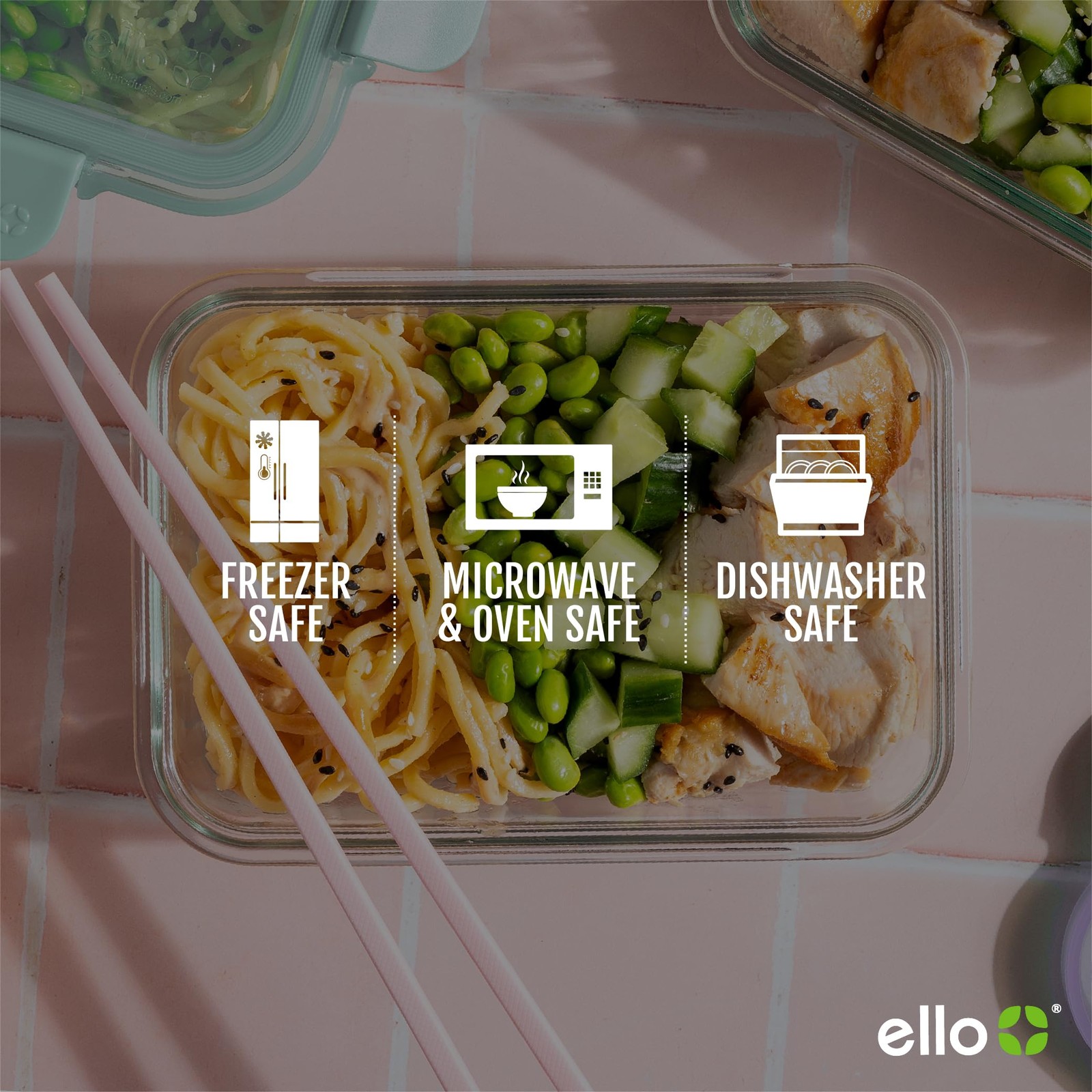 Ello Color Lock 3.4 Cup 10PC, 5 Pack Glass 5 x cups, Meal Prep: Festival