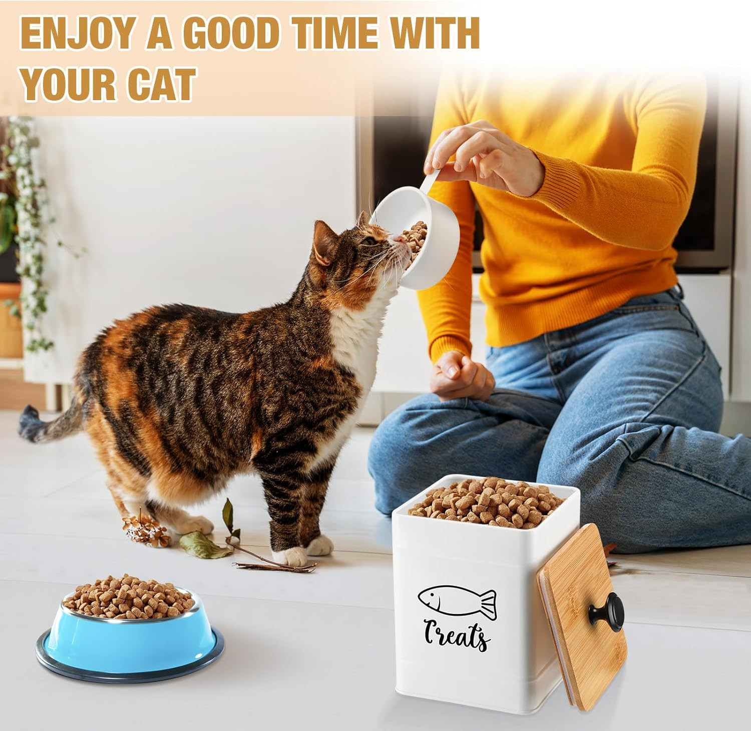 Metal Airtight Cat Food Containers Set of 3 with Bamboo Lids and Spoon 7+3+2 Lbs