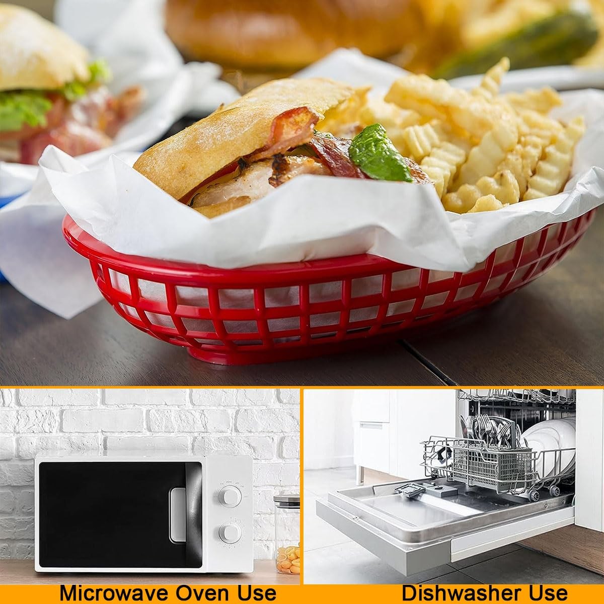 50 Pack 9×5.7″ Black And Red Plastic Oval Fast Food Serving Baskets
