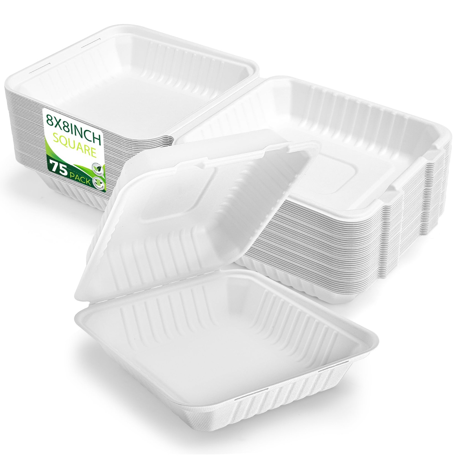 75 PCS 8×8 Inch Compostable Clamshell To Go Food Containers with Lids