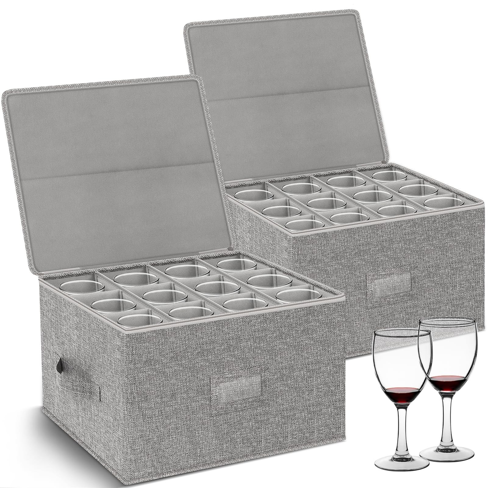 Wine Glass Storage Box with Dividers, 2-Pack Stemware Storage Containers w/Hard