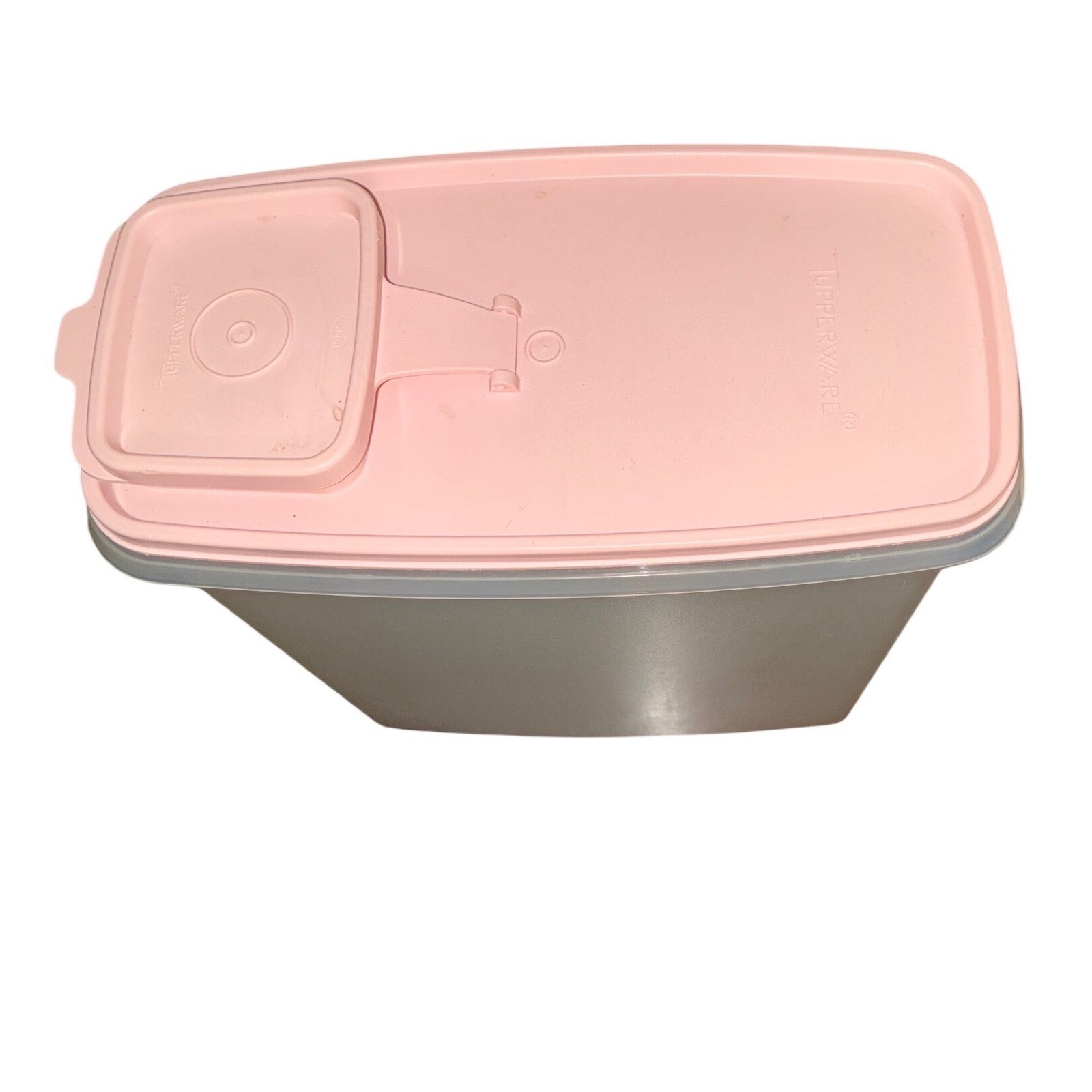VTG Tupperware #1588-8 Pink Cereal Keeper-Red Lid. 9.5″h x 9″l x 4″w.