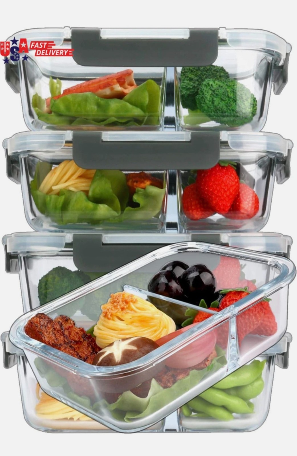 [5-Pack,36 Oz] Glass Meal Prep Containers 2 Compartments Portion Control with Up