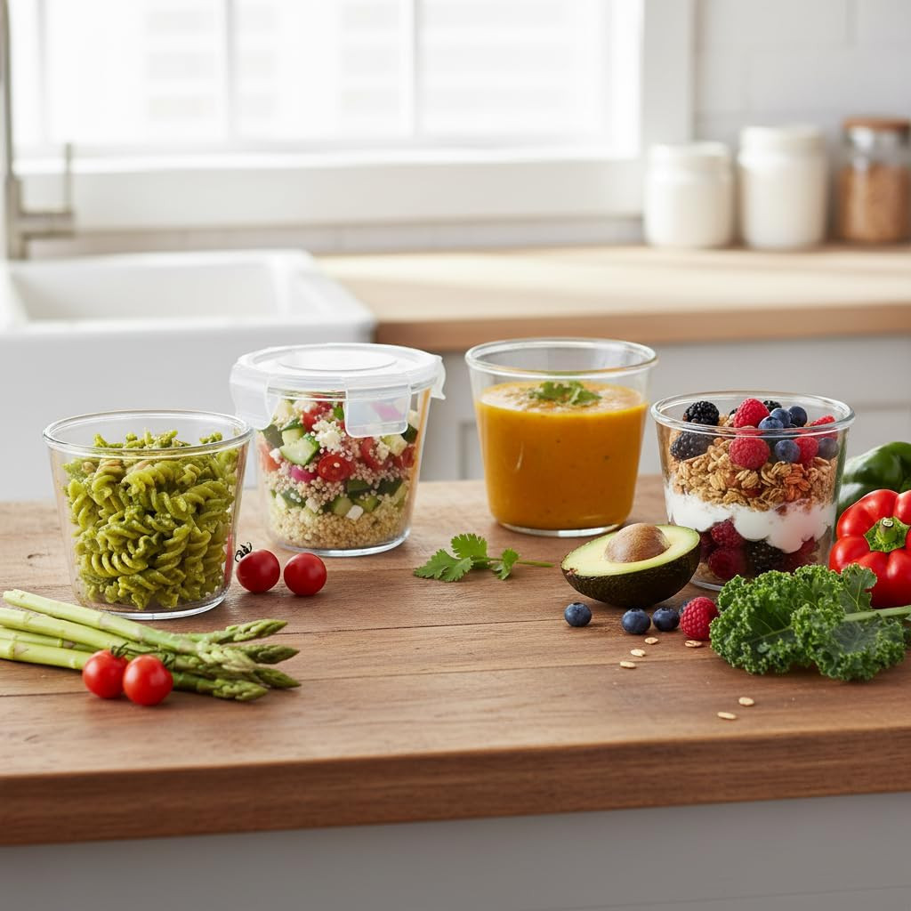 3Cup round Glass Food Storage Containers with Airtight Lids, 23Oz Glass Meal Pre