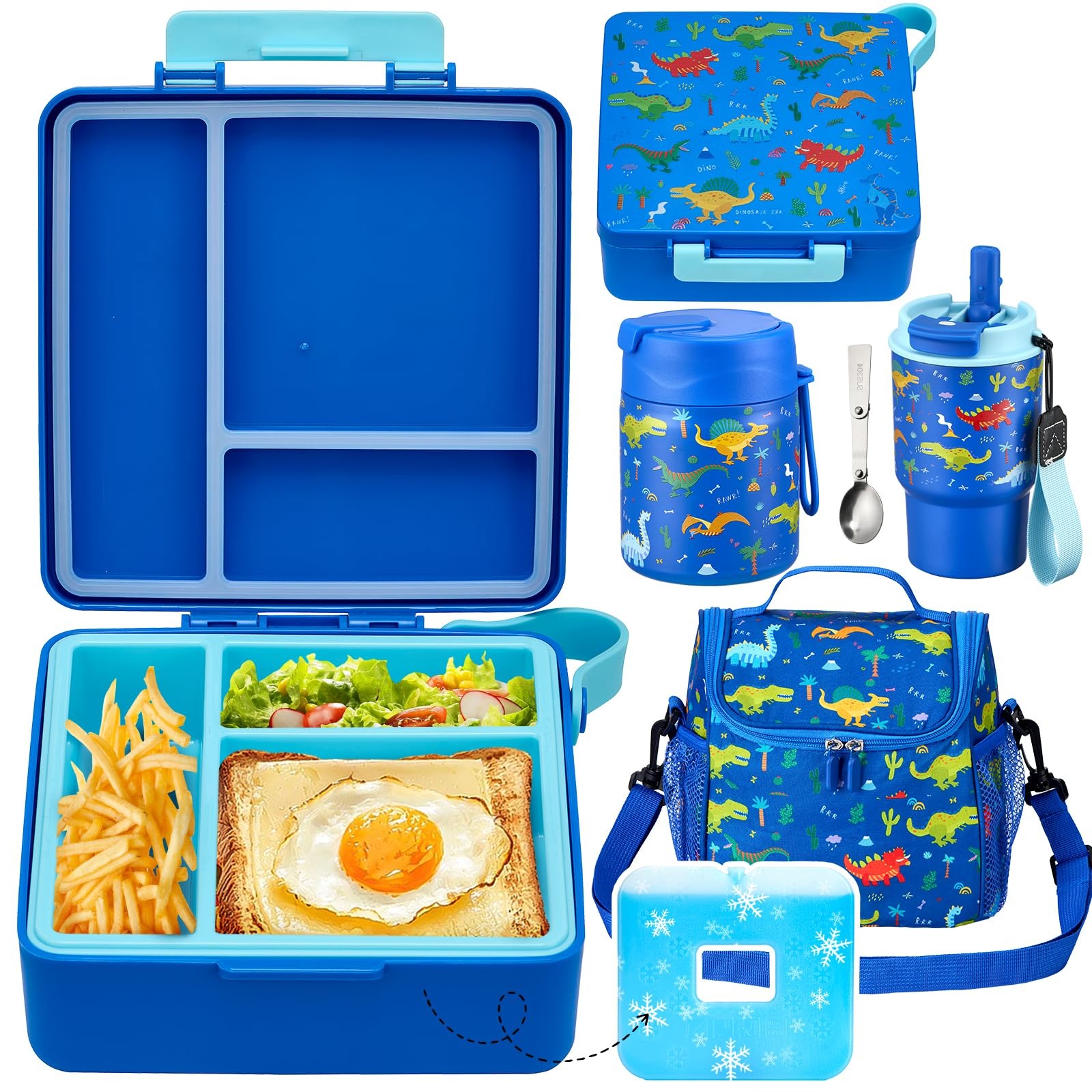 Pawtong Lunch Box Set with Bento Container, 17OZ Small, Blue-Dinasour