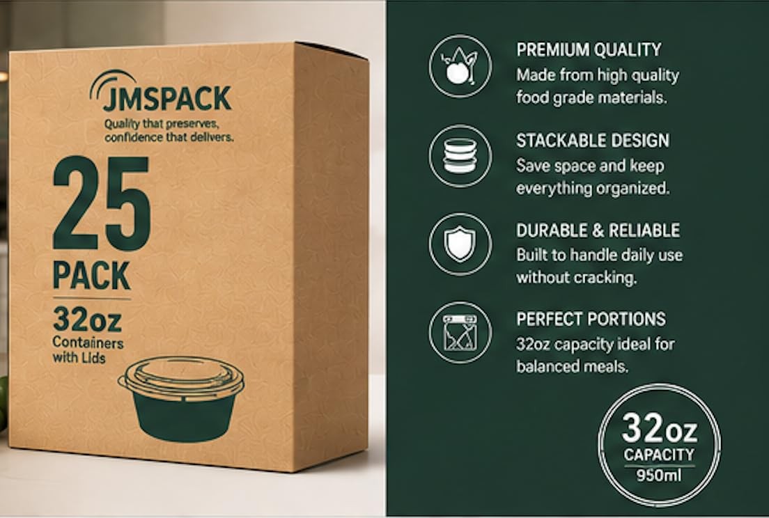 Containers Reusable 32oz – Meal Prep Bowls with Lids 25 Pack, Round Food Prep…
