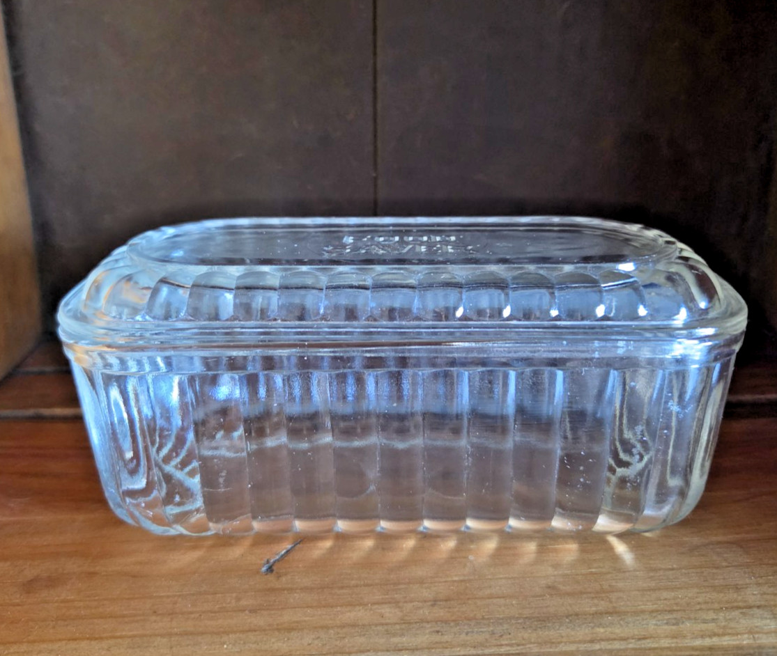 Vintage Food Saver Ribbed Refrigerator Glass Container With Lid Decor
