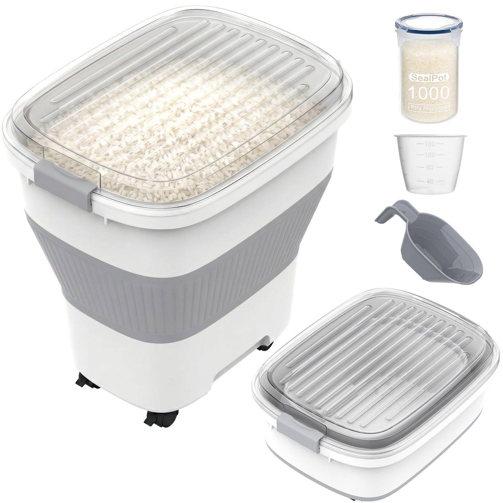 HOYTAMDAR 20-50Lbs Rice Container,Collapsible Food Large, Grey/20-50lbs