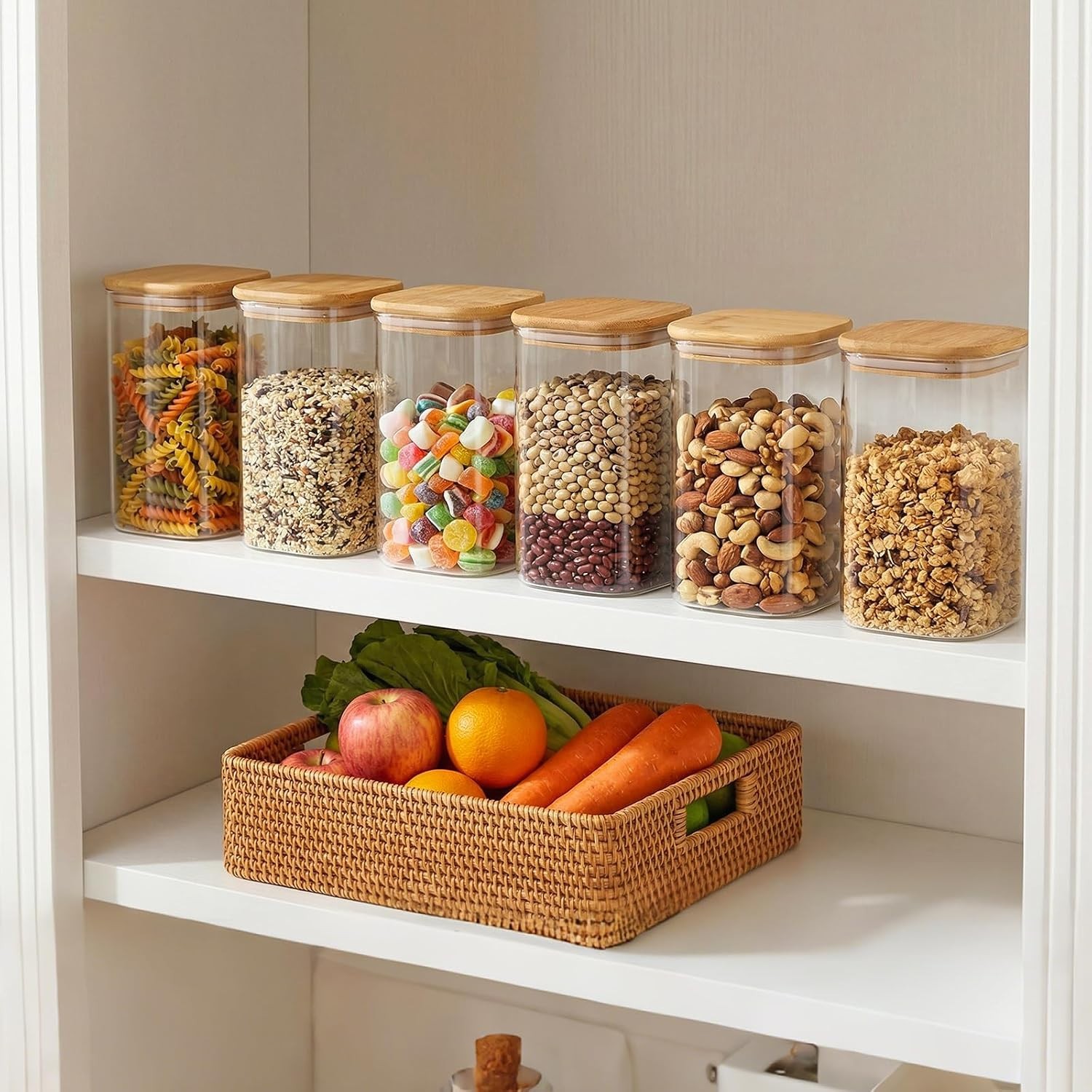 6 Pack 1.2qt Glass Storage Containers with Bamboo Press Lids, Airtight Pantry…