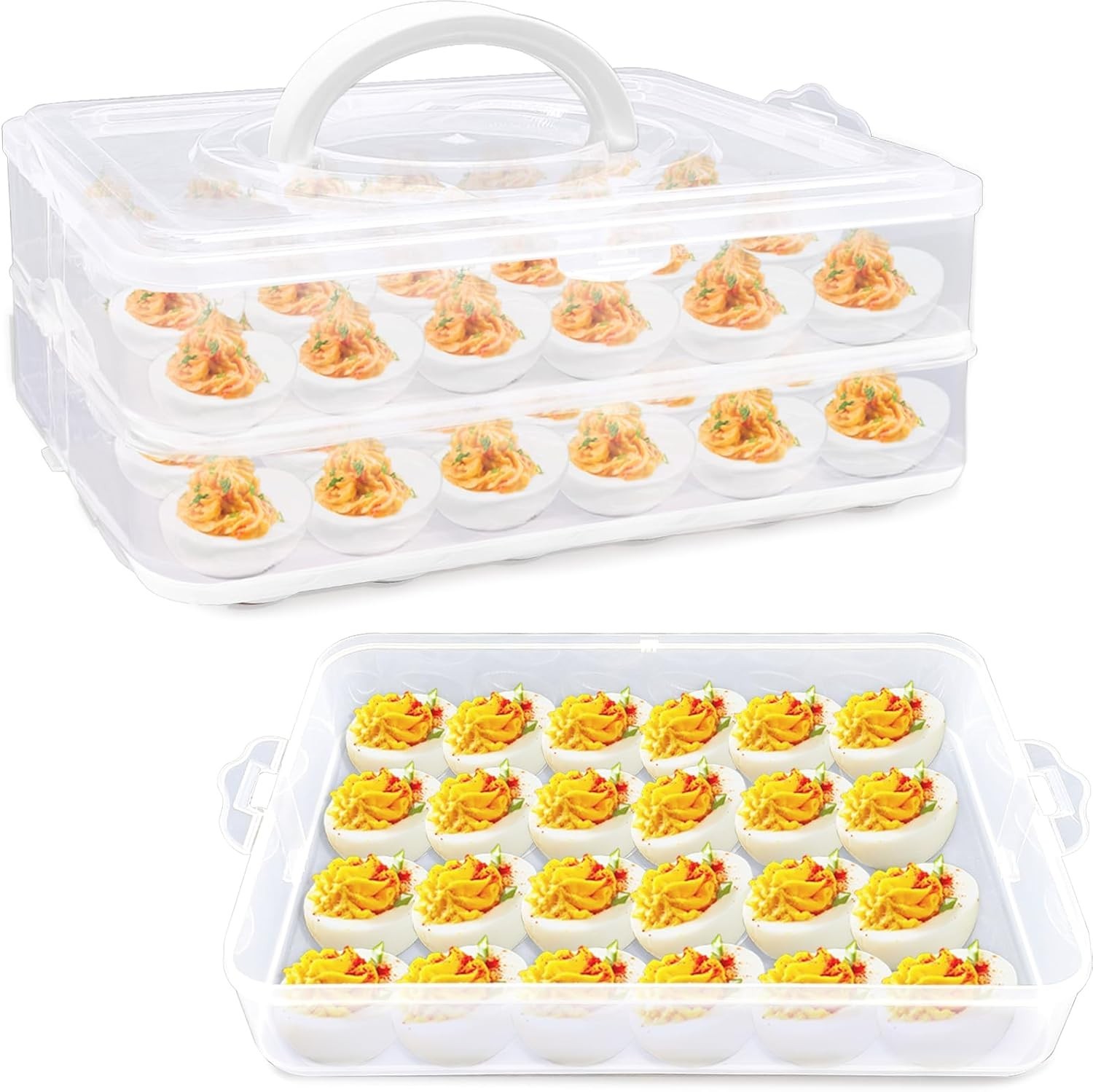 2 Layers Deviled Egg Containers with Lid,48 Slots Deviled Eggs Holder with Handl