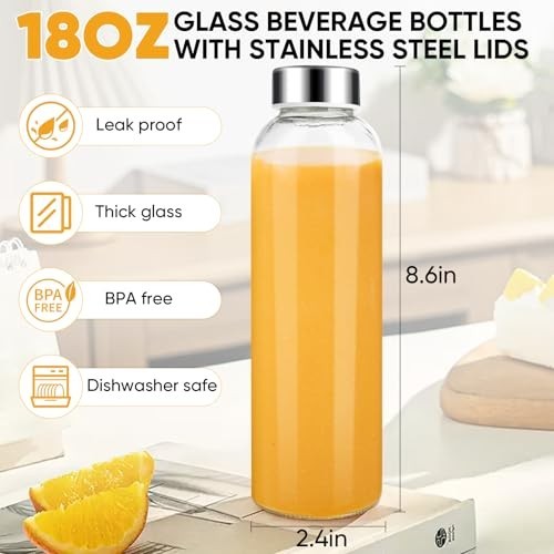 18 oz Reusable Glass Juice Bottles with Lids – Airtight Stainless Steel Caps, 6-