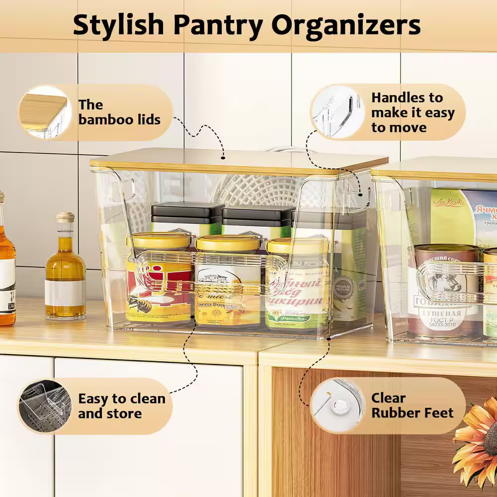 Stackable Pantry Organizers W/ Bamboo Top, Clear Acrylic Bins for Kitchen/Pantry