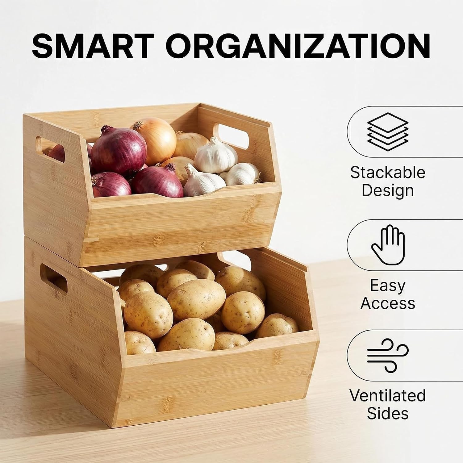 Bamboo Pantry Storage Bins,Potato and Onion Storage Bin Ventilated stackable …