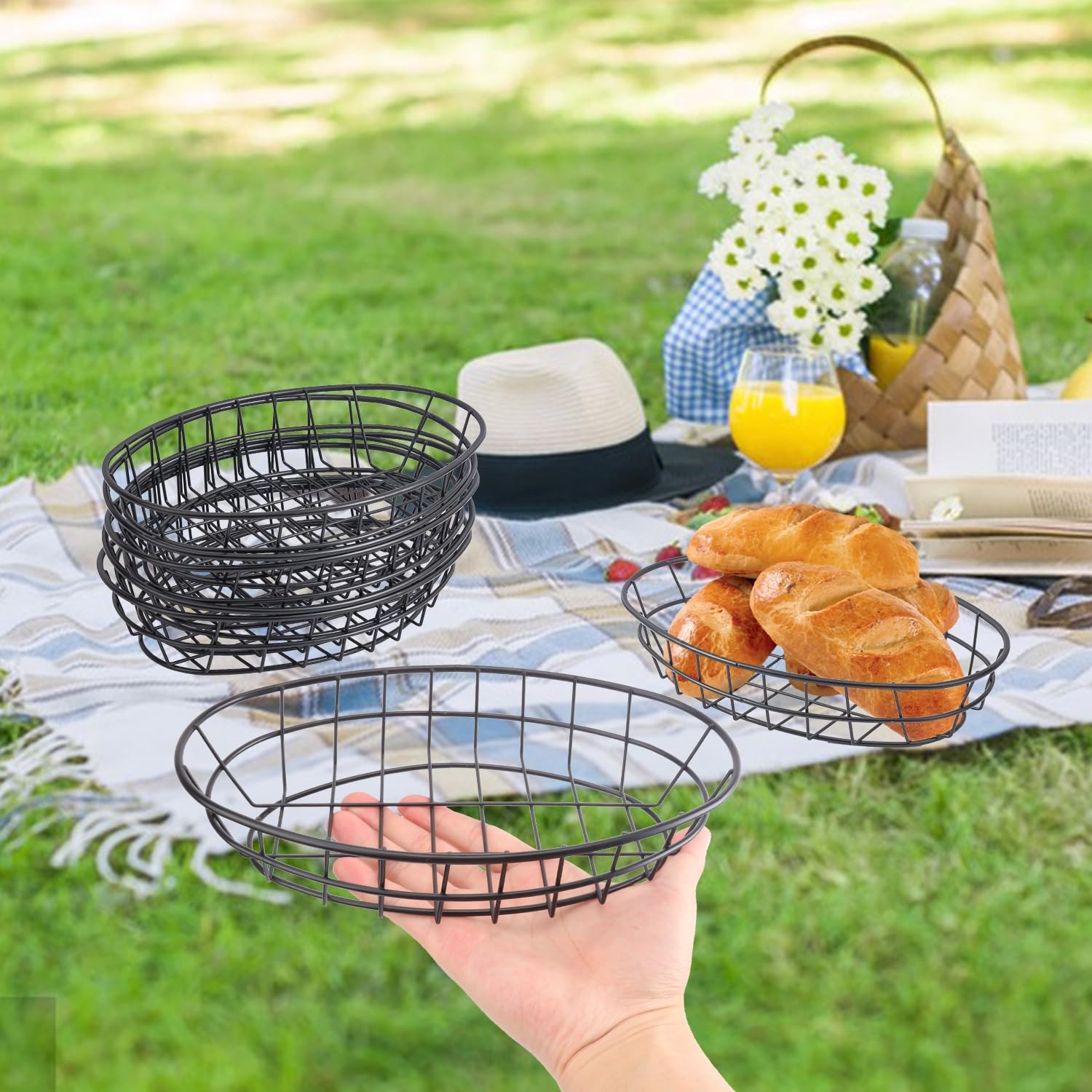 12 PCS Oval Wire Bread Basket 9.5×6.2×2.17 Inch 50 Sheets Deli Wrapper Black