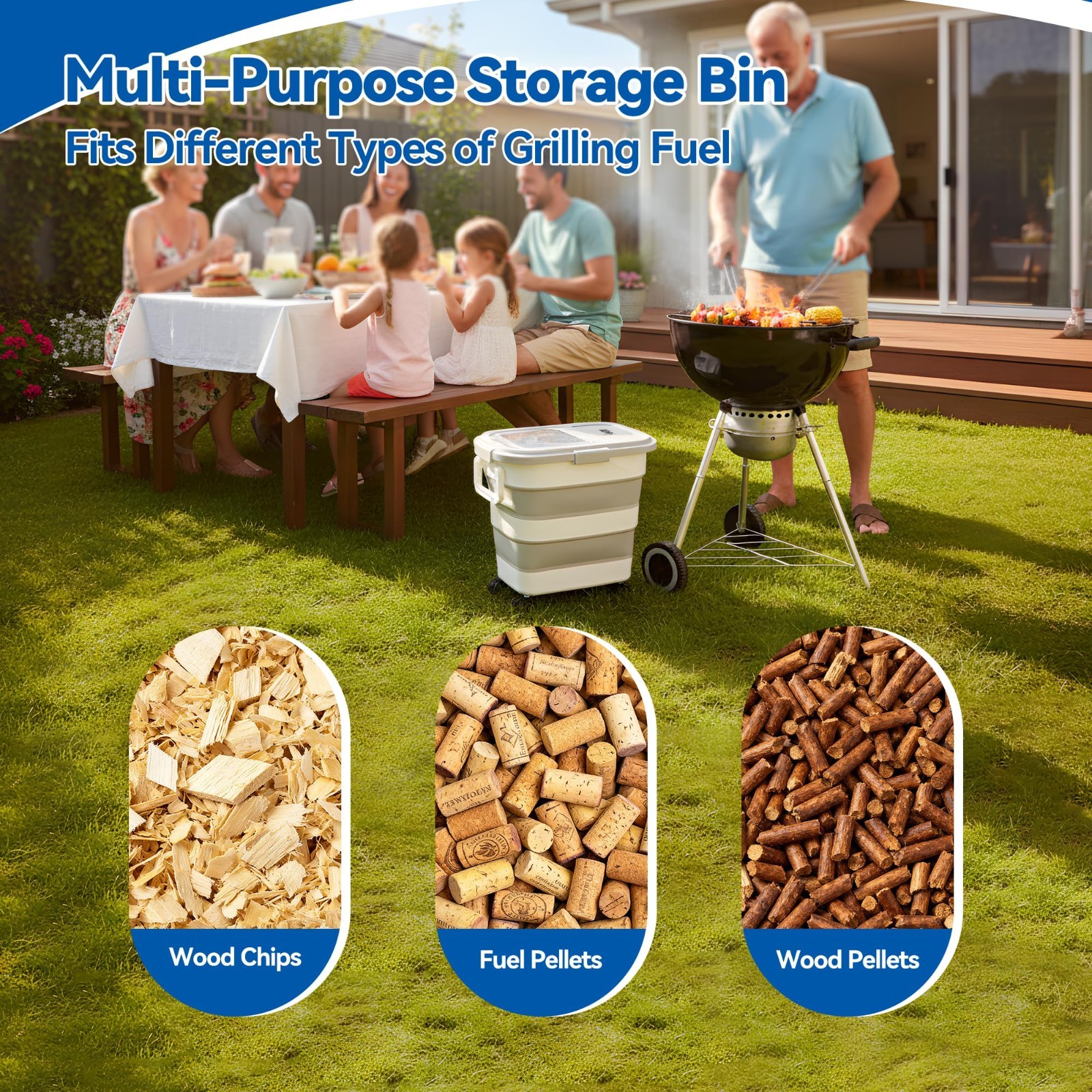 Airtight Wood Pellet Storage Bin 30-40LB, Collapsible Bucket with Wheels & Scoop
