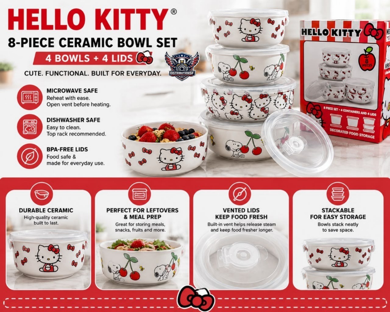 Hello Kitty 8 Piece Ceramic Food Storage Bowl Set w/ Lids Microwave Safe