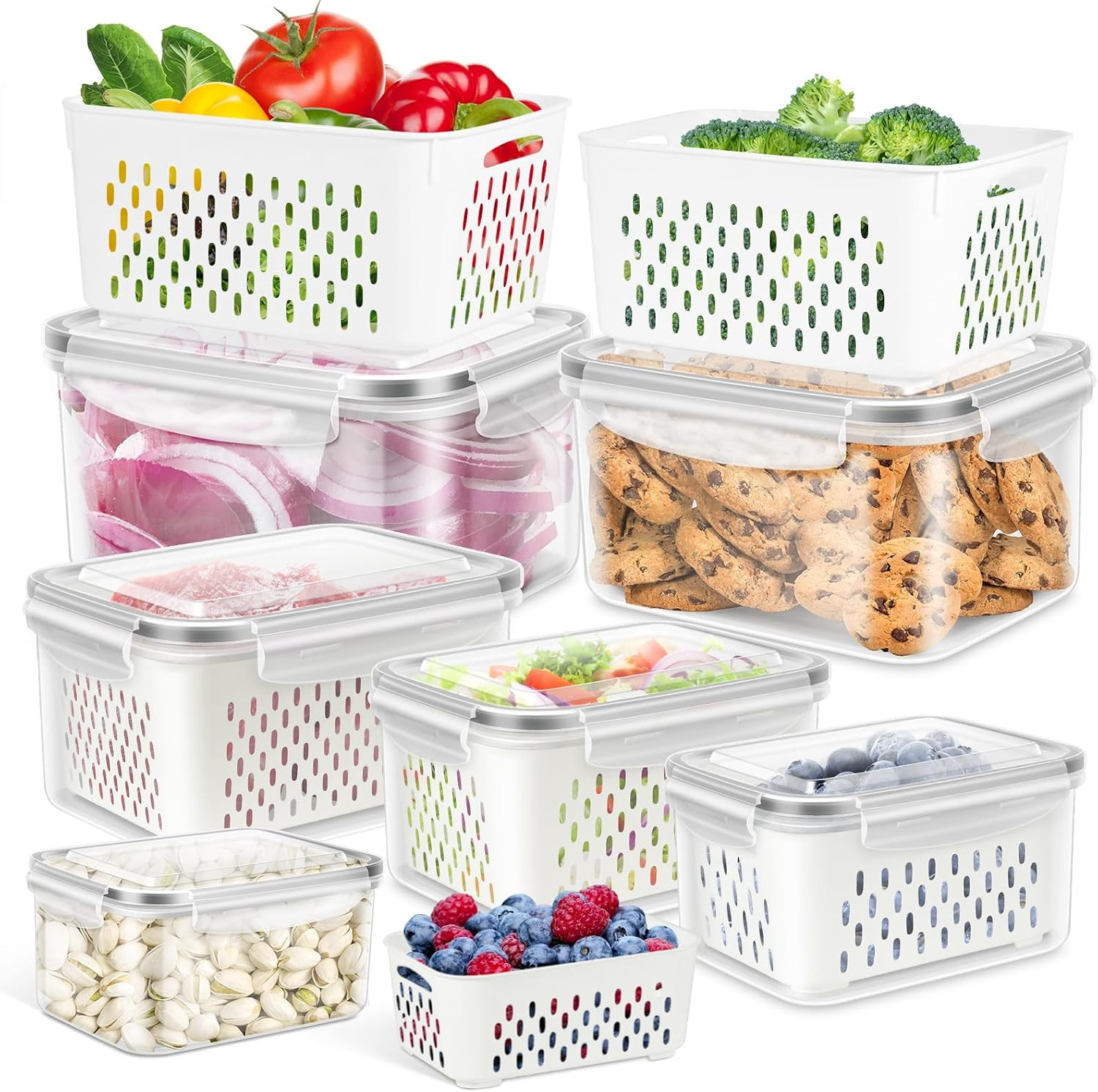 6 Pack Fruit Storage Containers for Fridge, Produce Saver Vegetable Container wi