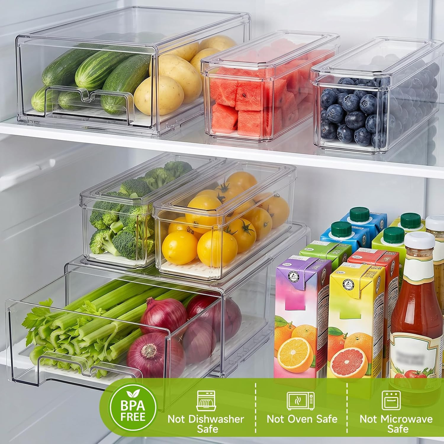 6Pack Fridge Organizers and Storage,Stackable Fridge Organizer Bins with Lids, 2