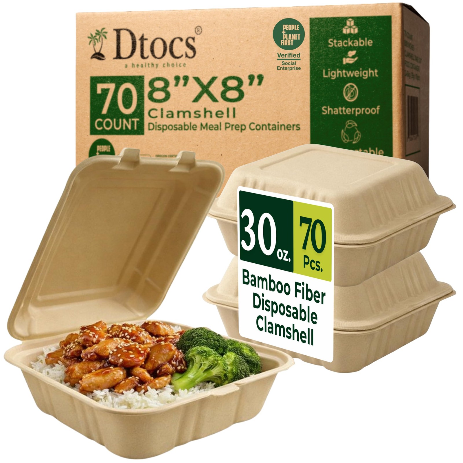 To Go Food Containers With Lids 8×8 Inch [70 Pack] Bamboo Clamshell Take Out …