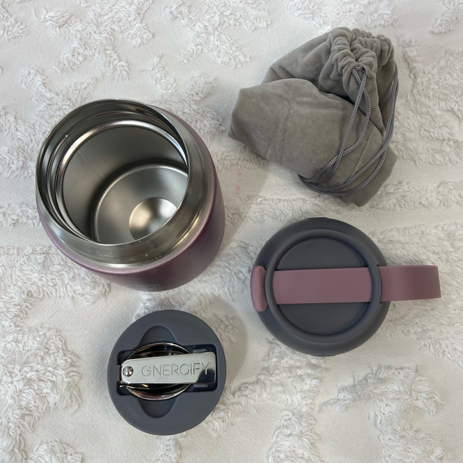 GNERGIFY Double Wall Vacuum Food Jar Thermos w/ Folding Spoon & Bag 22 oz Purple