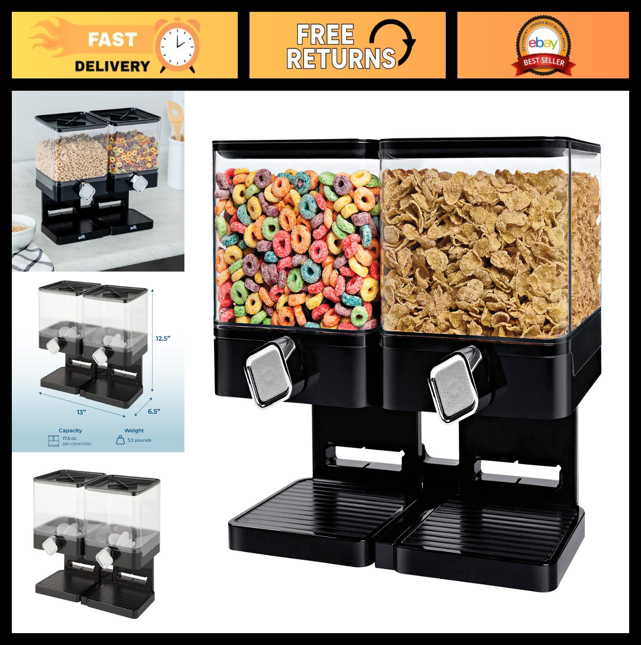 Compact Dry Food Dispenser with Dual Control, Black & Chrome, Ideal for Cereal &