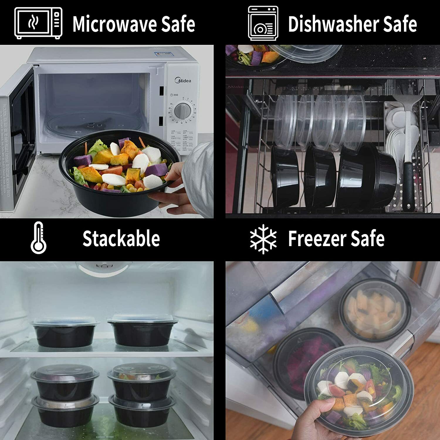 10 Set-48oz Round Microwavable Plastic Meal Prep, Freezer Safe, Disposable Black