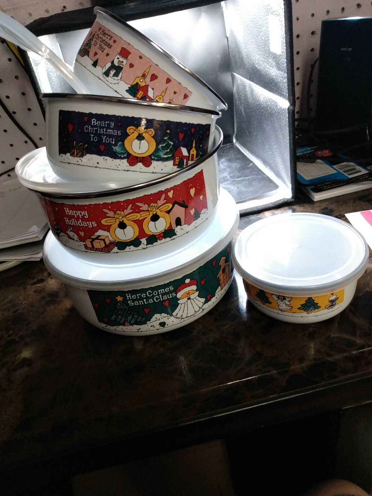 vintage Christmas metal decorative containers with plastic lids.set 0f five AD