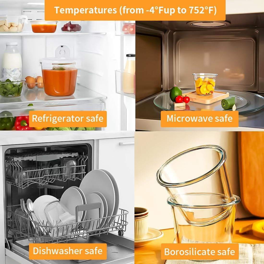 H.JSS WDJS 24 Oz Round Glass Food Storage Container set, 3 Cup Round Glass Soup