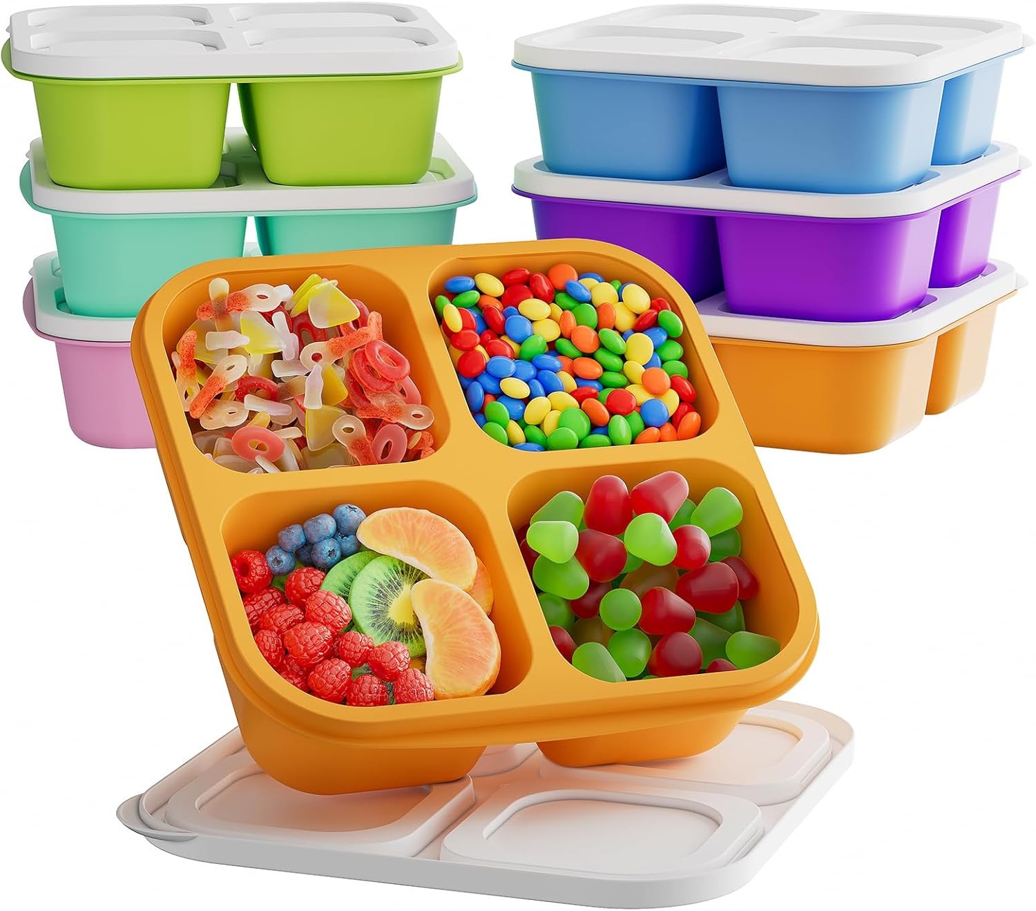 6 Pcs Bento Snack Containers, Reusable 4 Compartment Food Storage Container with