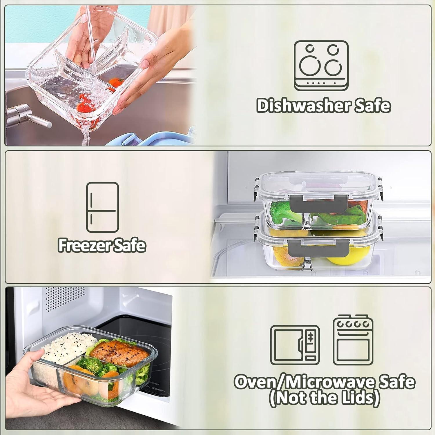 5-Pack, 36 oz] Glass Meal Prep Containers 3 Compartment with Lids, Glass Lunc…