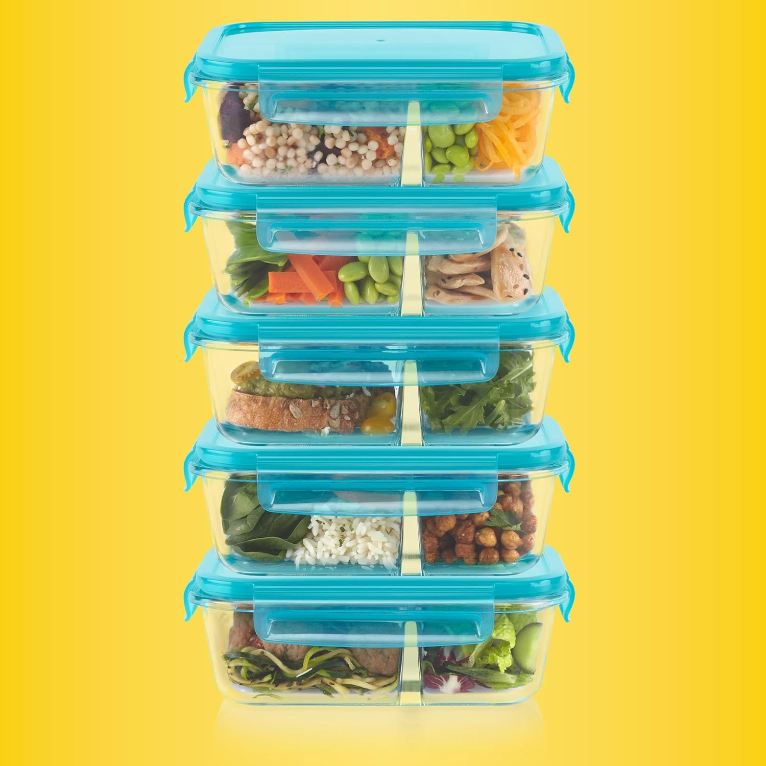 Glass Mealbox (5-Pack, 4 Cup) Divided Compartments with Locking Lids, for Meal P