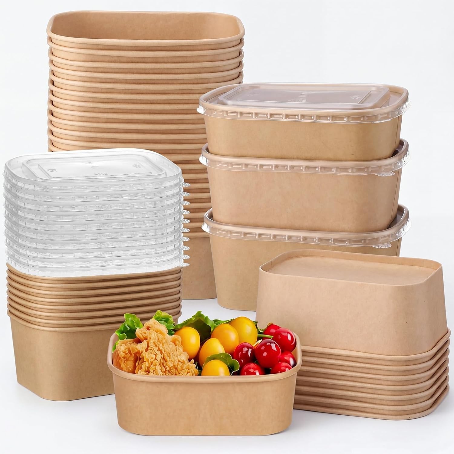 50 Set Paper Food Containers with Lids 3 Sizes Variety Pack (17oz/29oz/34oz)