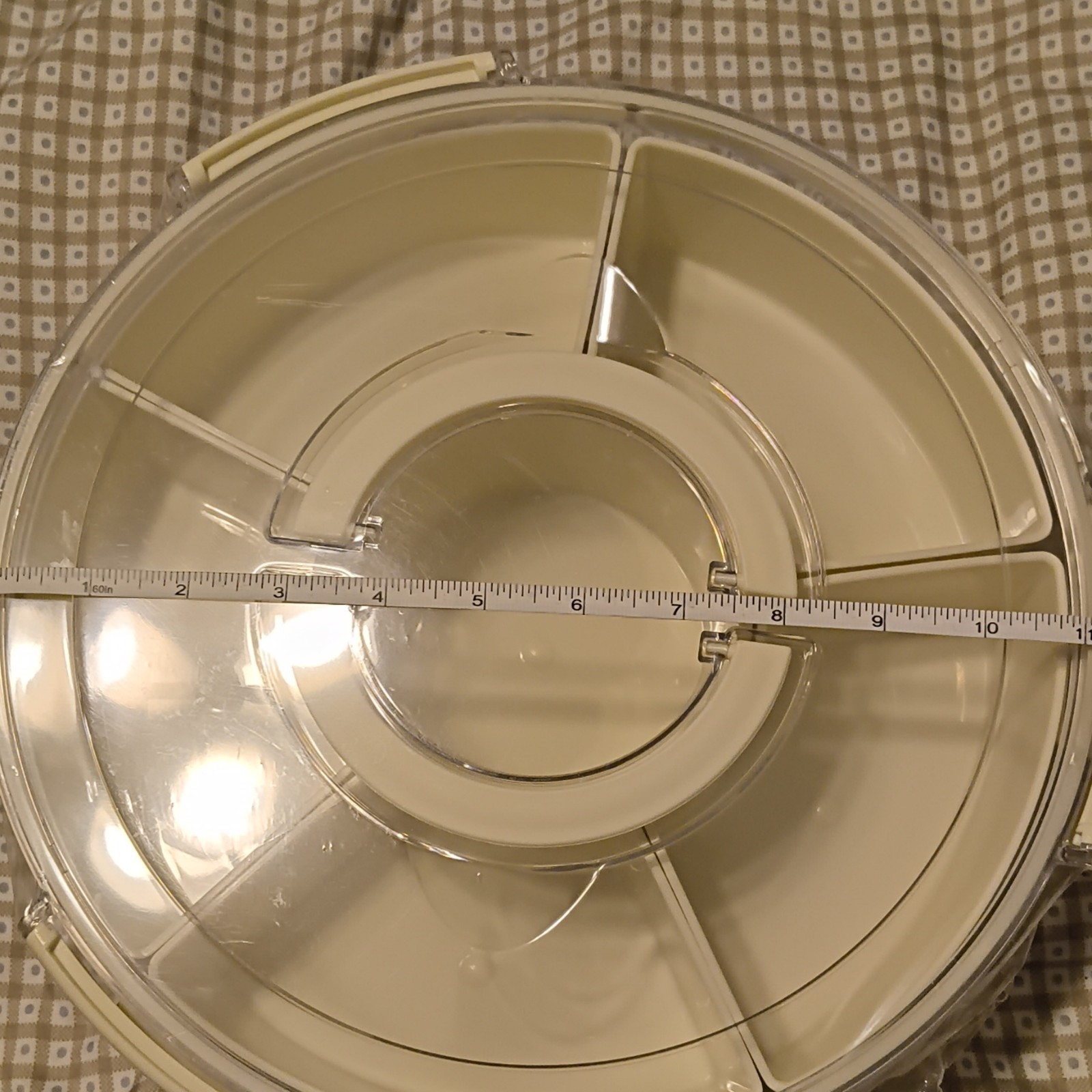Round Beige Plastic Snack Container with Snap Lid, 12 in Diameter