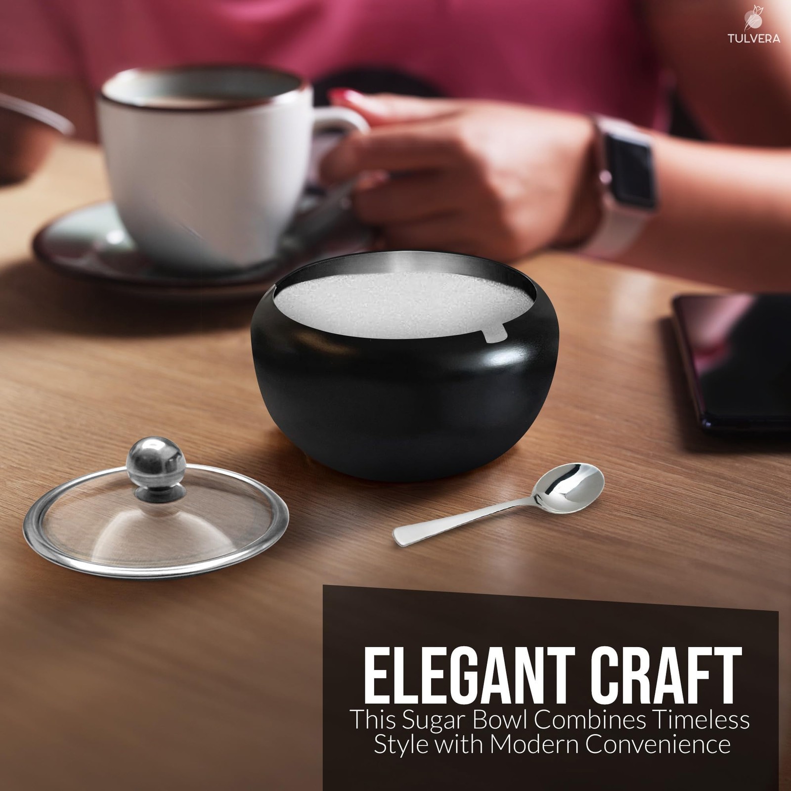 Sugar Bowl with Lid and Spoon | 12oz Container Standard, Matte Black