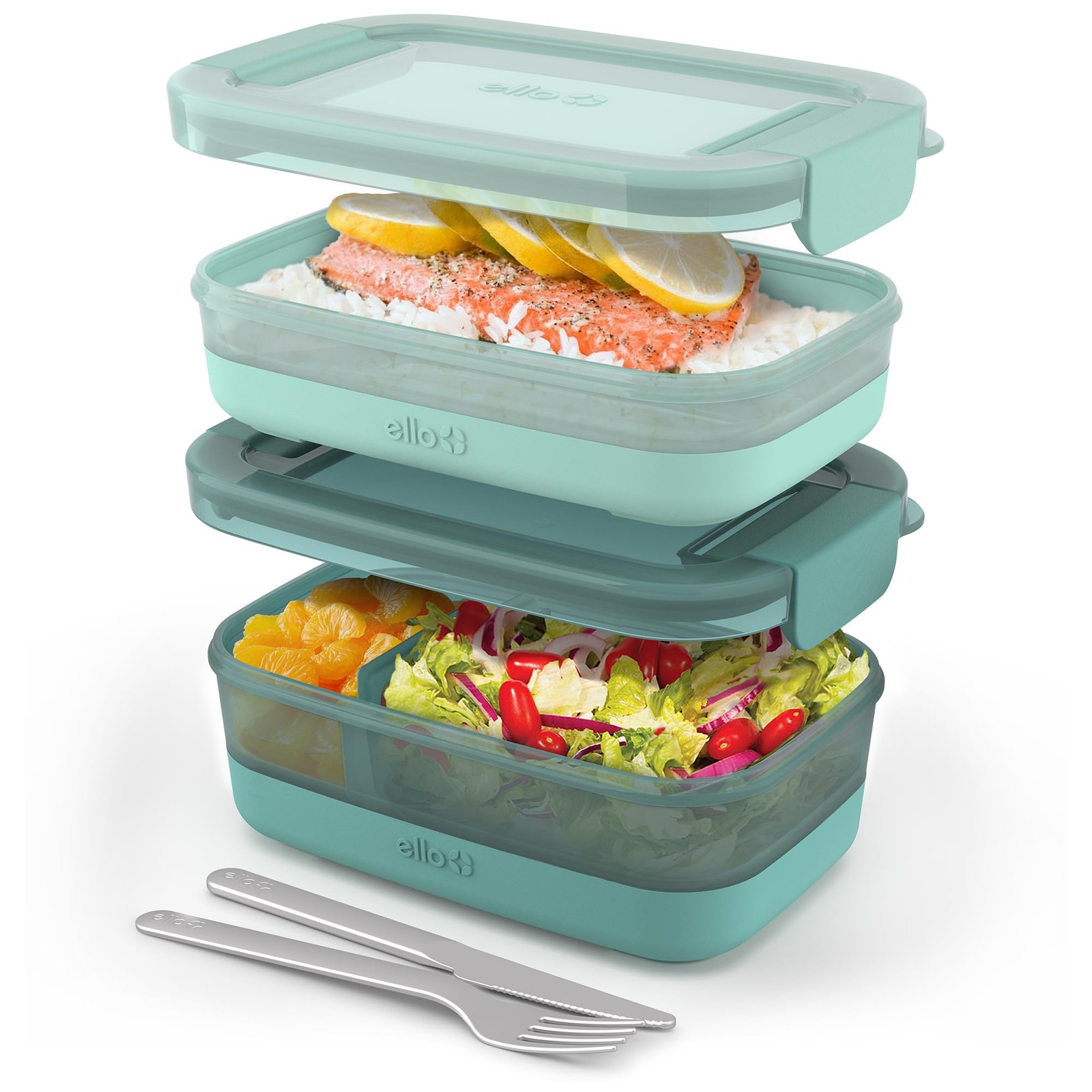 Ello 2-Pack Lunch Stack Plastic Food Storage Container 2 & 3 Cup, Mint Chip