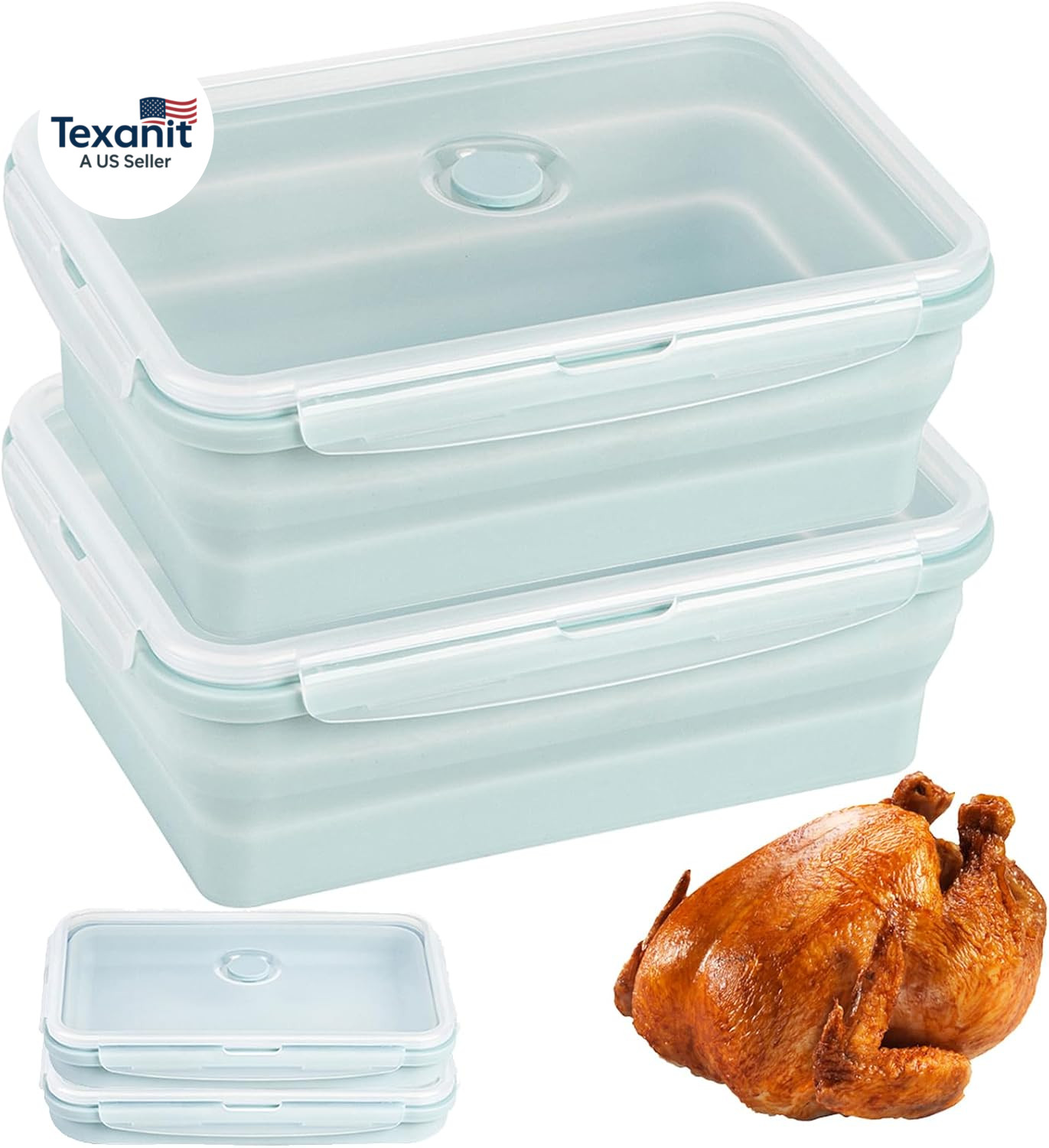 Extra Large Collapsible Silicone Food Storage Containers with Lids & Air Vent, 2